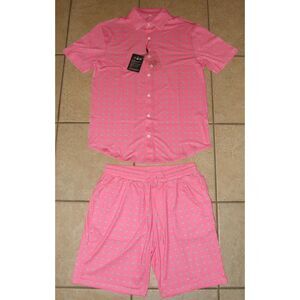 NEW Bright Pink Men sz Medium Flamingo Tropical Shorts & Shirt Stretchy 2 Pc Set